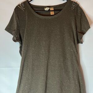 BKE Stud-Embellished Olive Scoop Neck Short Sleeve Tee